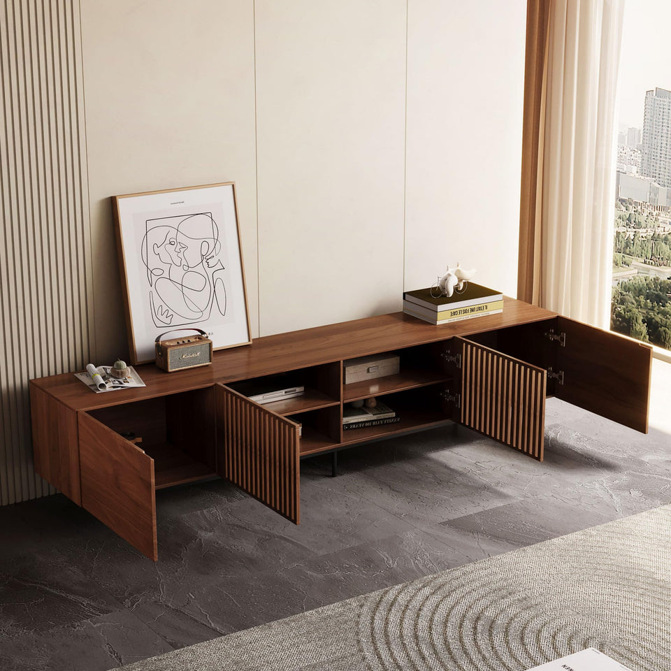 NessCarsti Mid Century Modern TV Stand for 80+ Inch TVs, 94.48" Walnut Console with Ample Storage – Stylish Entertainment Center for Living Room or Bedroom