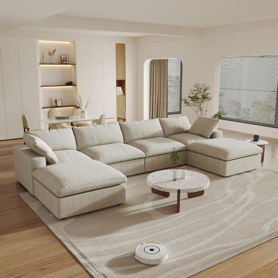 160.6" Cloud Couch Modular Sectional Sofa for Livingroom,Oversized Convertible Sofa with Storage Ottomans,6 Seat Wide Couches,Cushion Covers Removable (Khaki, 6 Seater)