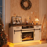59'' Fireplace TV Stand with 3D Flame Electric Fireplace Heater, 34'' Tall Farmhouse TV Stand for 65 Inch TV, Entertainment Center TV Console with 2 Drawers, Sliding Barn Door for Living Room - White