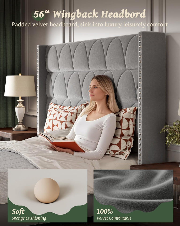 OHOHOLIVE King Size Bed Frame with 56" Headboard - 1000LBS Capacity Support, Velvet Upholstered Wingback Platform Bed Frame, Noise Free, Sturdy Wooden Slat Support