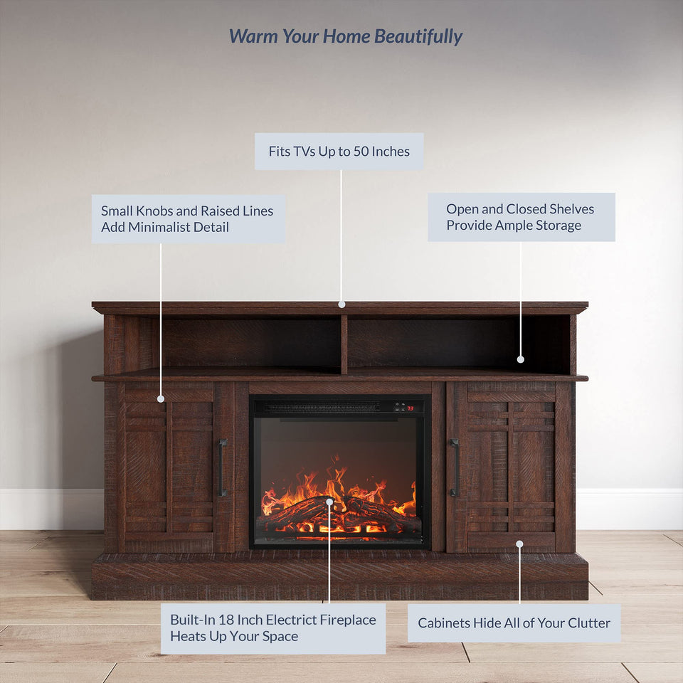 BELLEZE Traditional 58" Rustic TV Stand with 23" Electric Fireplace Heater with Sound, Media Entertainment Center Console Table for TV up to 65" with Open Storage Shelves and Cabinets - Espresso