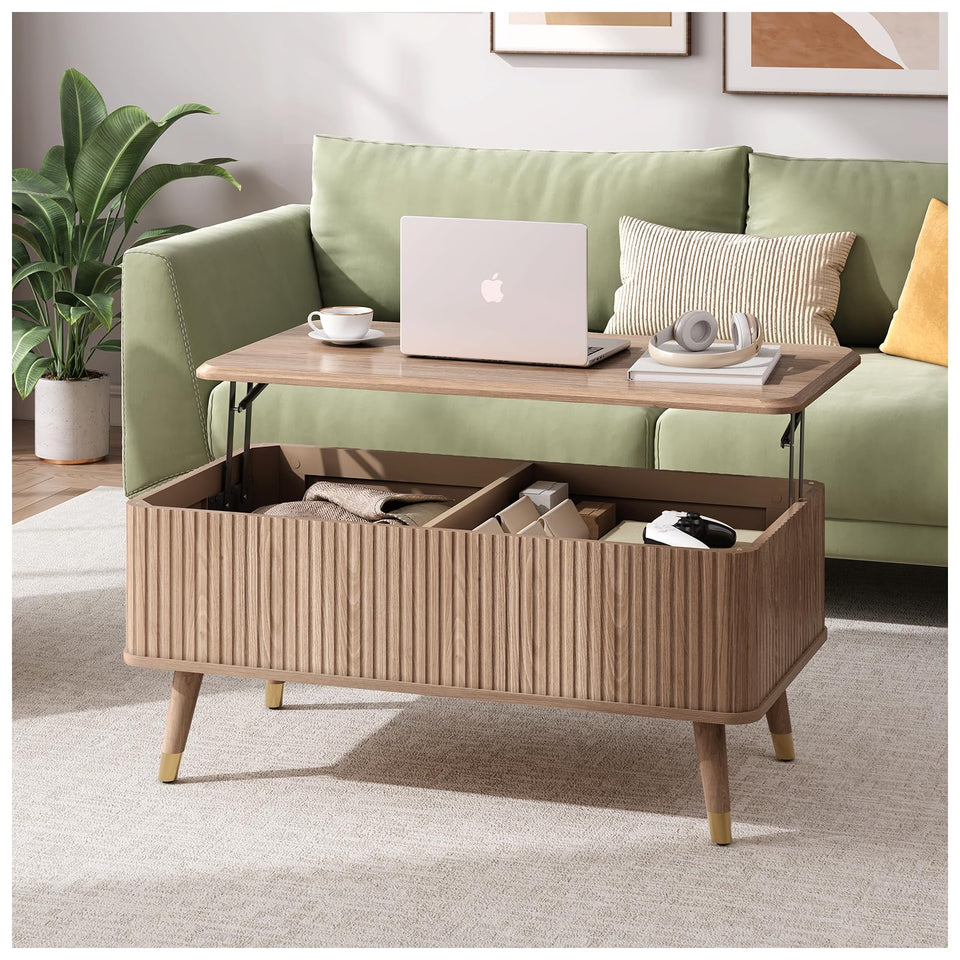 JOINICE, Round Coffee Table with Storage, Mid Century Modern Center Table with Sliding Cabinet Door, Fluted Dining Table for Living Room, Home Small Space, 31.5", Walnut