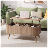 JOINICE, Round Coffee Table with Storage, Mid Century Modern Center Table with Sliding Cabinet Door, Fluted Dining Table for Living Room, Home Small Space, 31.5", Walnut