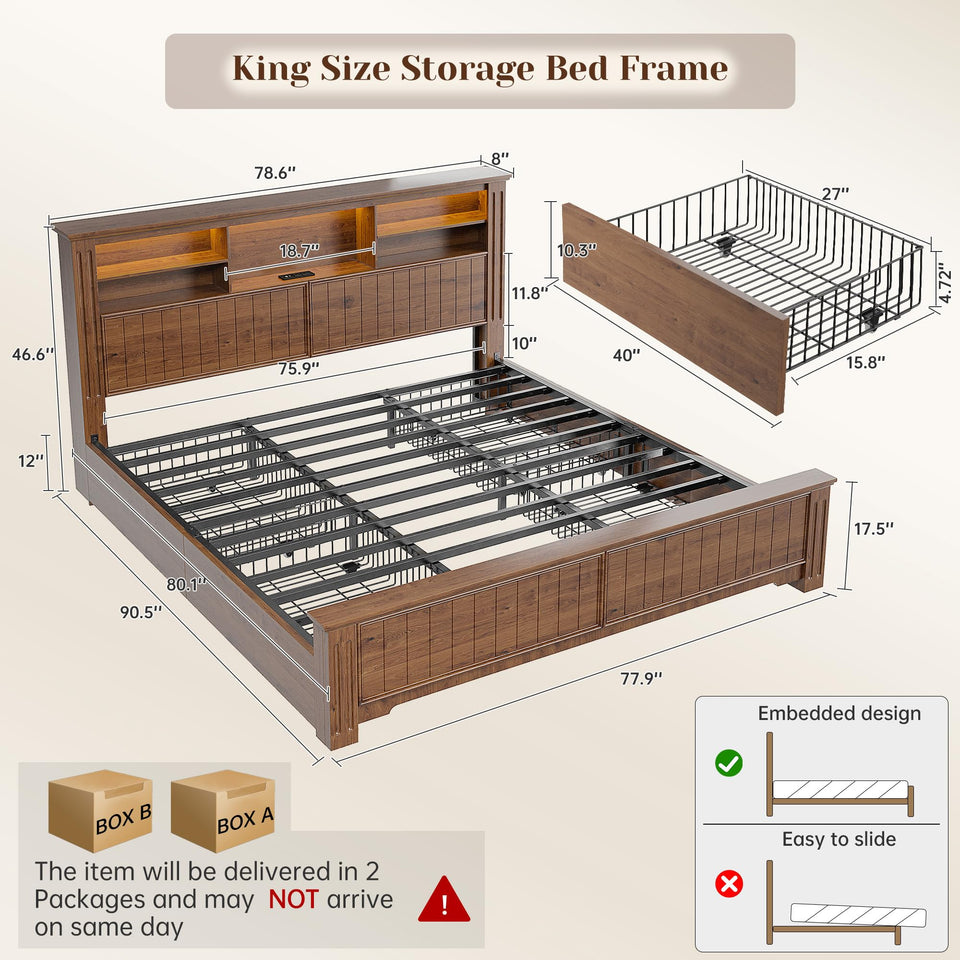 EnHomee King Size Bed Frame and Headboard & Storage, 4 Drawers and LED Built in Charging Station King Bed Frame with Storage Farmhouse,NO Noise,No Box Spring Needed,White