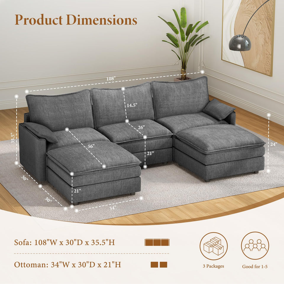 Vesgantti 142" U Shaped Sectional Couch, Comfy Cloud Modular Sectional Sofa with 2 Ottoman Deep Seat Chenille Modern Cloud Sofa, Modular Sofas for Living Room, Bedroom and Apartment, Beige