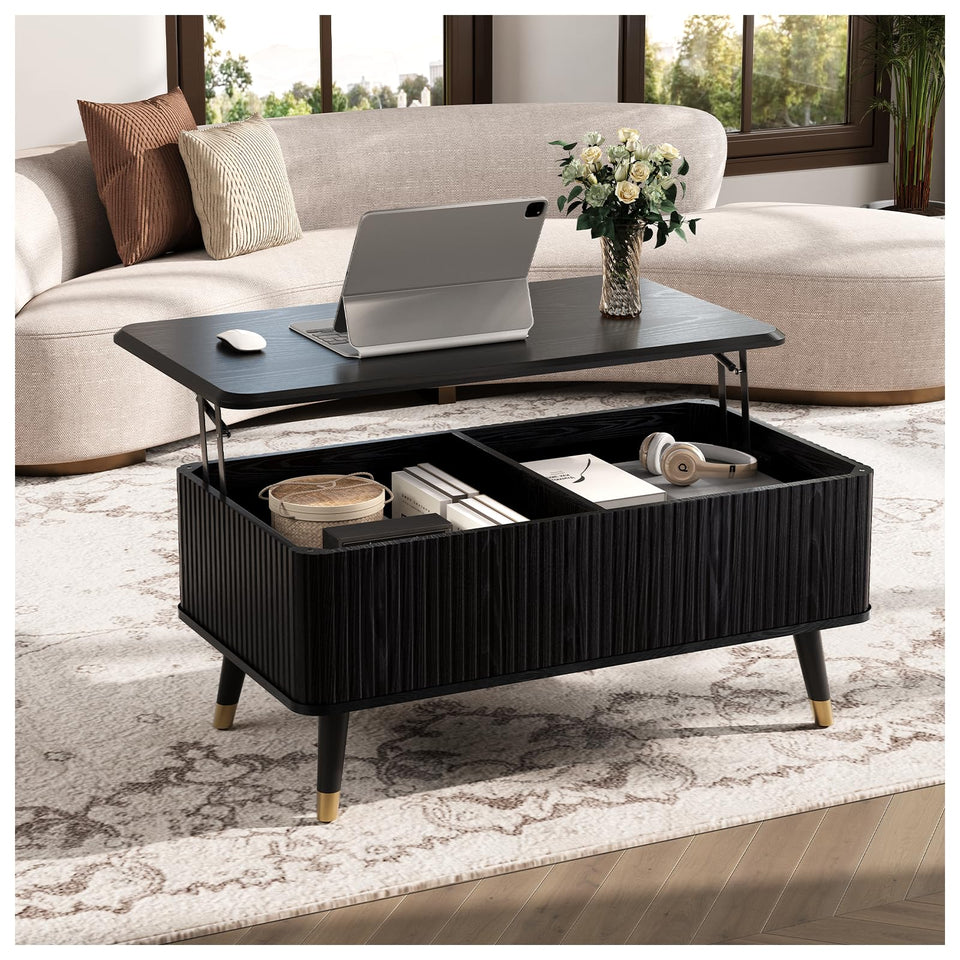 JOINICE, Round Coffee Table with Storage, Mid Century Modern Center Table with Sliding Cabinet Door, Fluted Dining Table for Living Room, Home Small Space, 31.5", Walnut