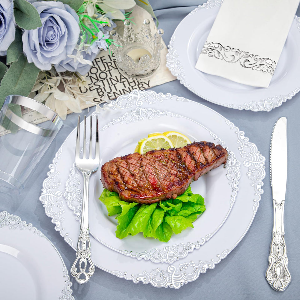 YOUBET 700PCS Silver Plastic Plates - White and Silver Disposable Plates - Silvery Plastic Dinnerware Set - Include 200 Plates, 300 Heavy Duty Silverware, 100 Cups and 100 Napkins for Wedding & Party