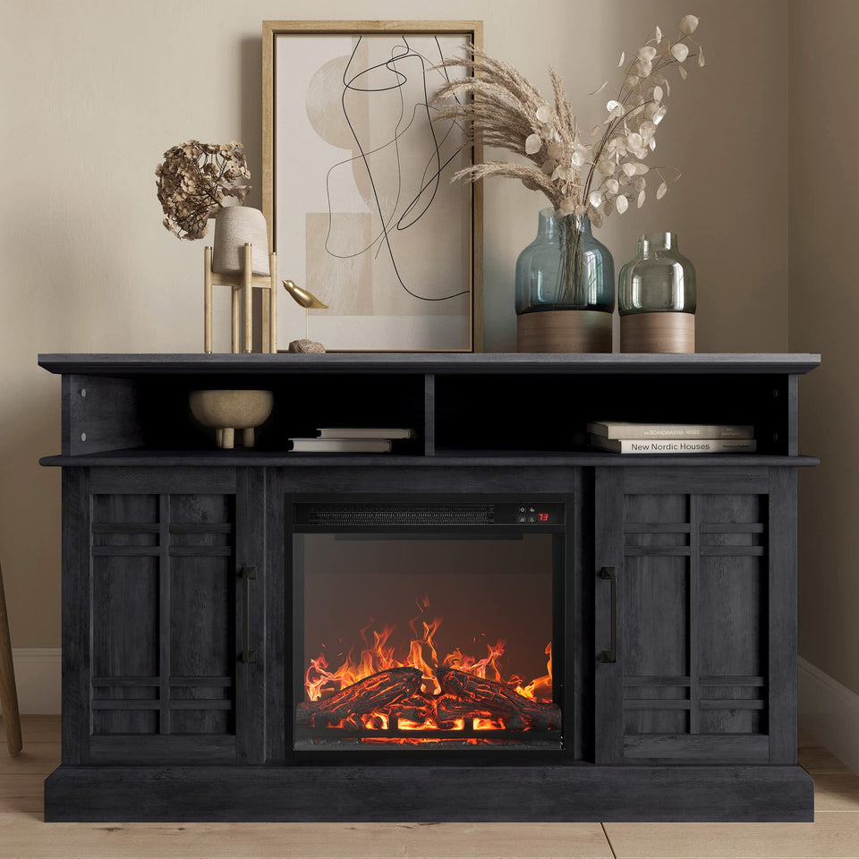 BELLEZE Traditional 58" Rustic TV Stand with 23" Electric Fireplace Heater with Sound, Media Entertainment Center Console Table for TV up to 65" with Open Storage Shelves and Cabinets - Espresso