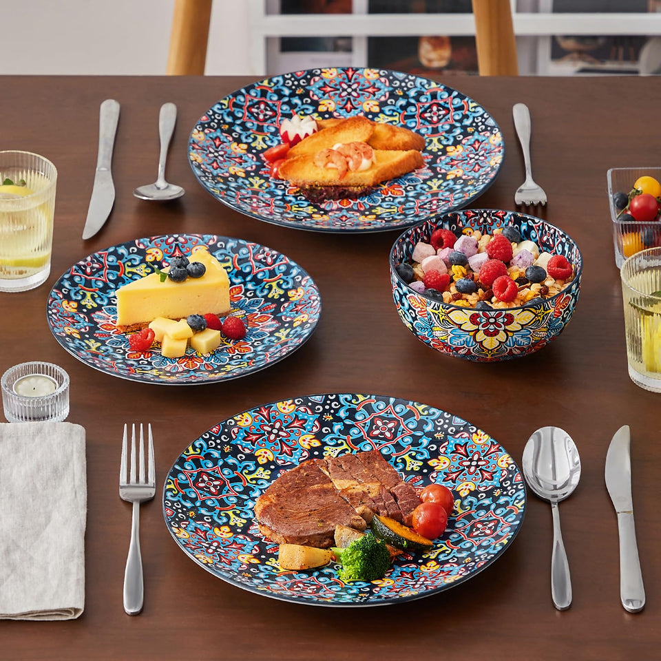 vancasso 24 Pieces Dinnerware Sets, Plates and Bowls Set, Porcelain Dishes Set for 6, Microwave and Dishwasher Safe, Scratch Resistant, Bohemian Style Dining Ware Service for 6, Series SIMI