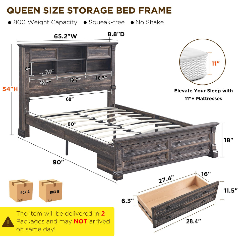 Farmhouse King Size Bed Frame with 54" Tall Storage Bookcase Headboard, Wood Platform Bed Frame with 2 Drawers & 18" Tall Roman Column Decoration Footboard, No Box Spring Needed(Antique White)