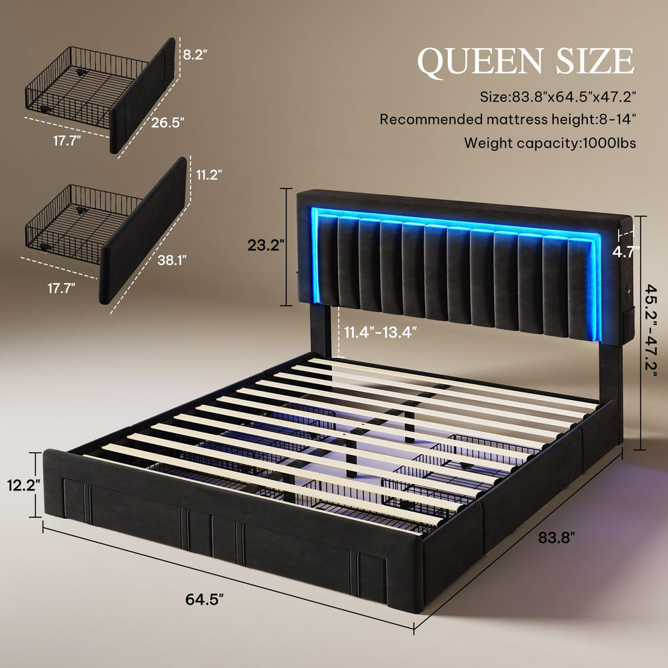 YITAHOME King Size Bed Frame with Adjustable Headboard, 4 Storage Drawers and RGB LED Lights, Velvet Upholstered Platform Bed with USB Ports, No Box Spring Needed, Fast Assembly, Noise-Free, Black