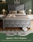 OHOHOLIVE King Size Bed Frame with 56" Headboard - 1000LBS Capacity Support, Velvet Upholstered Wingback Platform Bed Frame, Noise Free, Sturdy Wooden Slat Support