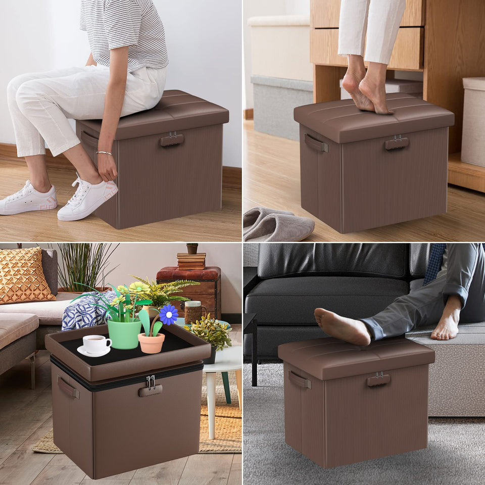 DocSafe Storage Ottoman with Lock,Fireproof Folding Ottoman Foot Rest Stool Storage Chest with Storage Safe for Important Documents,Waterproof 17 Inches Short Ottoman Foot Stool with Handles,Black