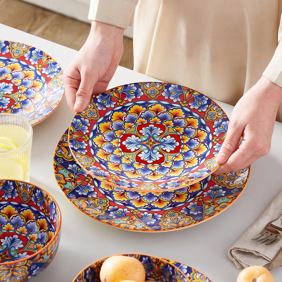 vancasso 24 Pieces Dinnerware Sets, Plates and Bowls Set, Porcelain Dishes Set for 6, Microwave and Dishwasher Safe, Scratch Resistant, Bohemian Style Dining Ware Service for 6, Series SIMI