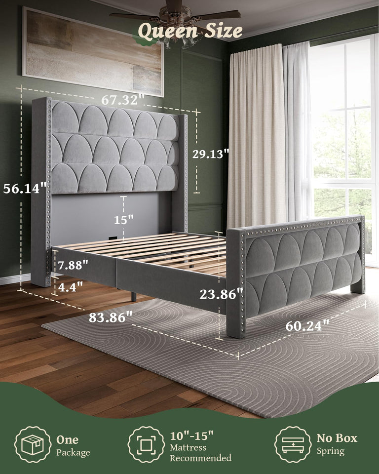 OHOHOLIVE King Size Bed Frame with 56" Headboard - 1000LBS Capacity Support, Velvet Upholstered Wingback Platform Bed Frame, Noise Free, Sturdy Wooden Slat Support