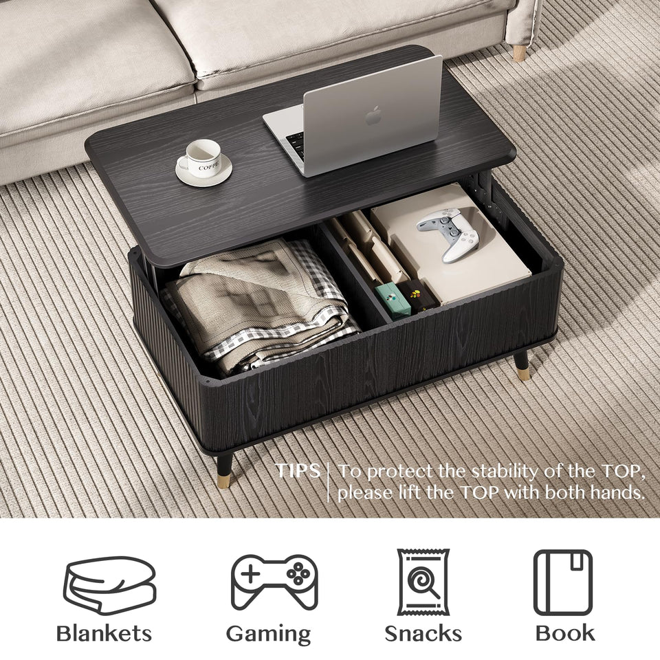 JOINICE, Round Coffee Table with Storage, Mid Century Modern Center Table with Sliding Cabinet Door, Fluted Dining Table for Living Room, Home Small Space, 31.5", Walnut