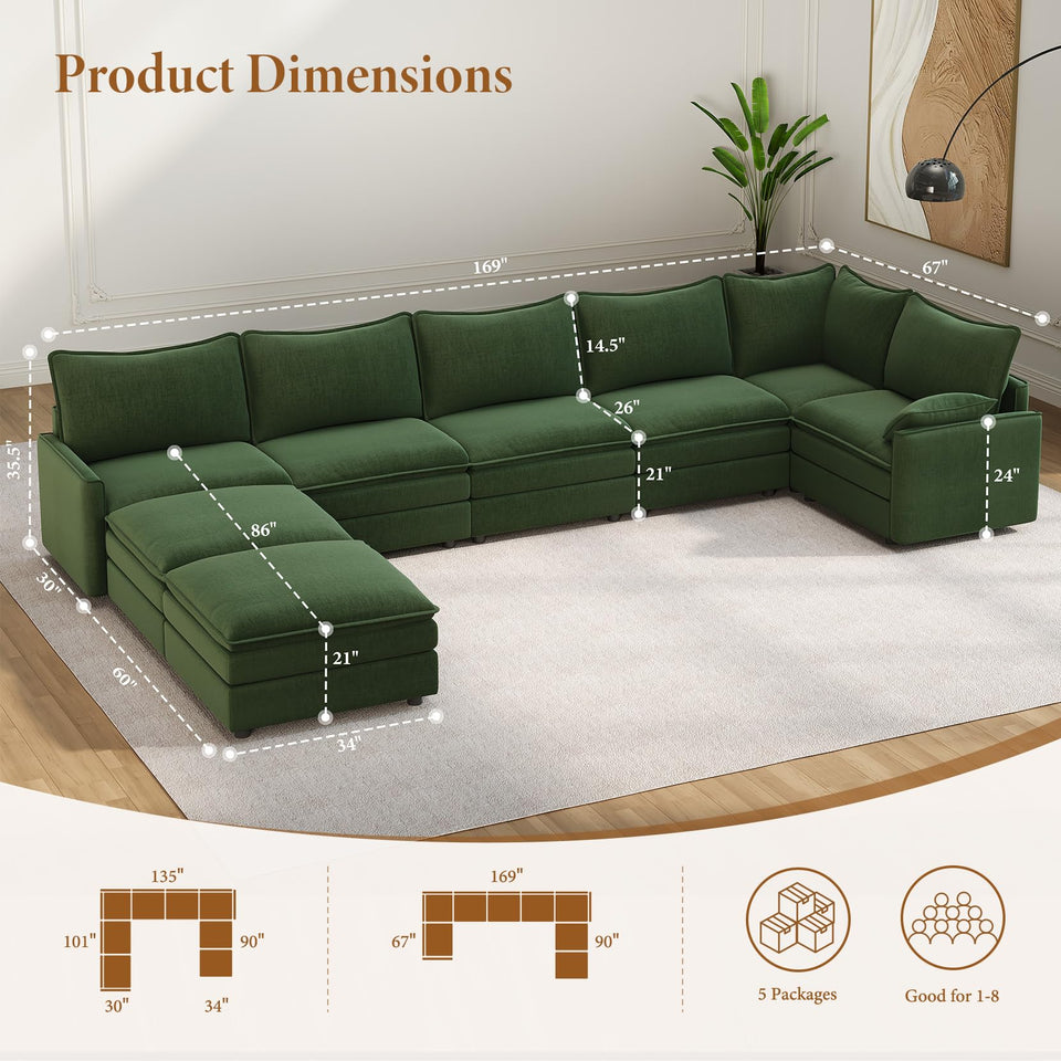 Vesgantti 142" U Shaped Sectional Couch, Comfy Cloud Modular Sectional Sofa with 2 Ottoman Deep Seat Chenille Modern Cloud Sofa, Modular Sofas for Living Room, Bedroom and Apartment, Beige