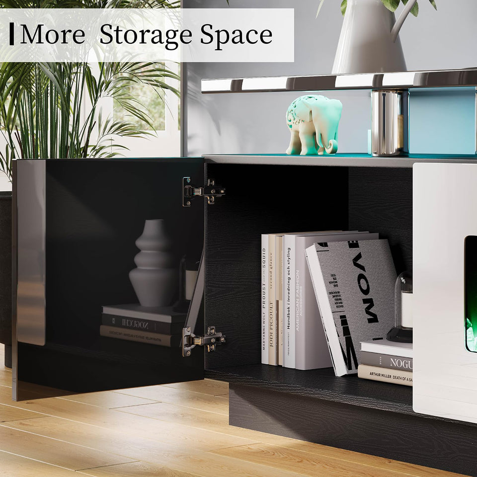 AMERLIFE Fireplace TV Stand with 36" Fireplace, 70" Modern High Gloss Fireplace Entertainment Center LED Lights, 2 Tier TV Console Cabinet for TVs Up to 80", Obsidian Black