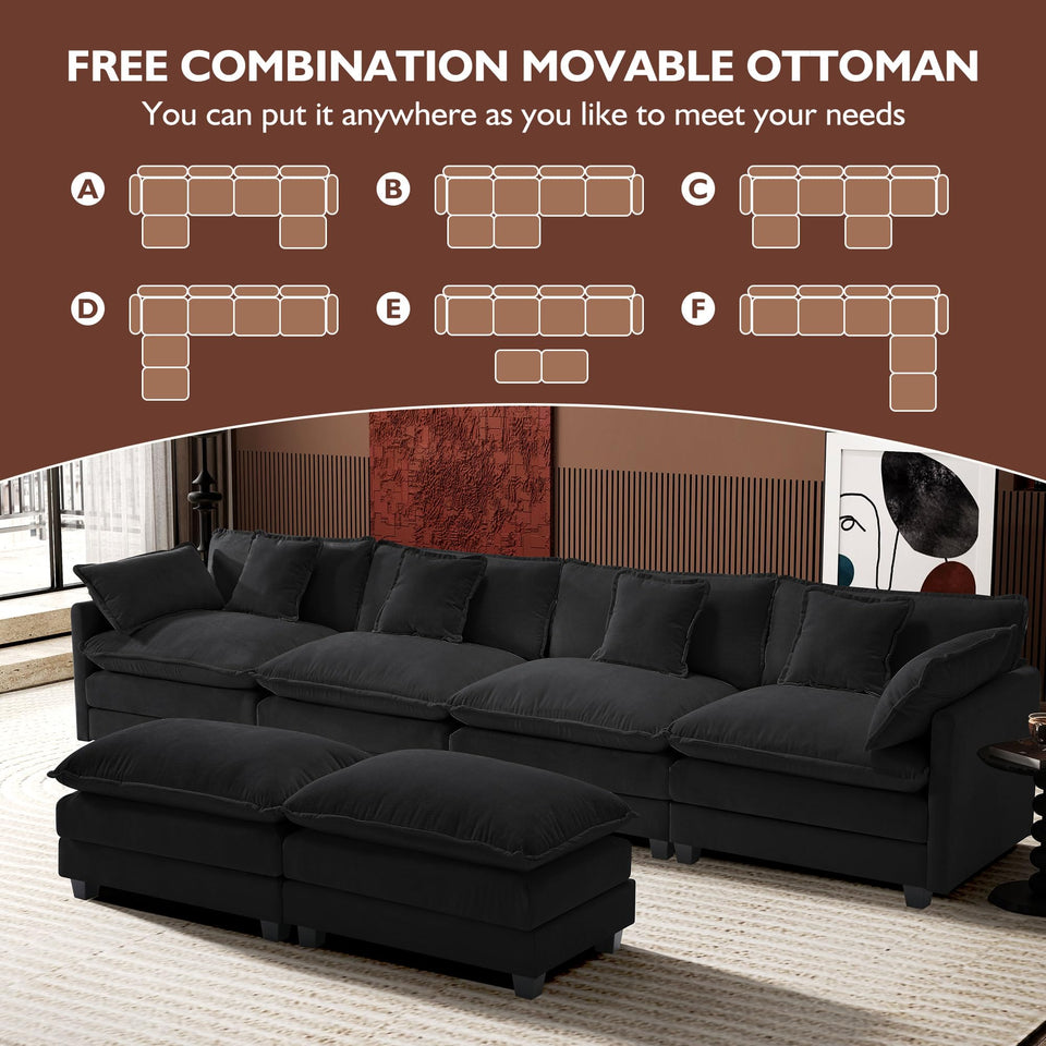 Ihanherry 146" U-Shaped Modern Sofa Modular Sectional Cloud Couch with 2 Ottoman, 6-Seat Chenille Deep Seat Sofa with 6 Pillows for Living Room, Bedroom and Apartment, Grey