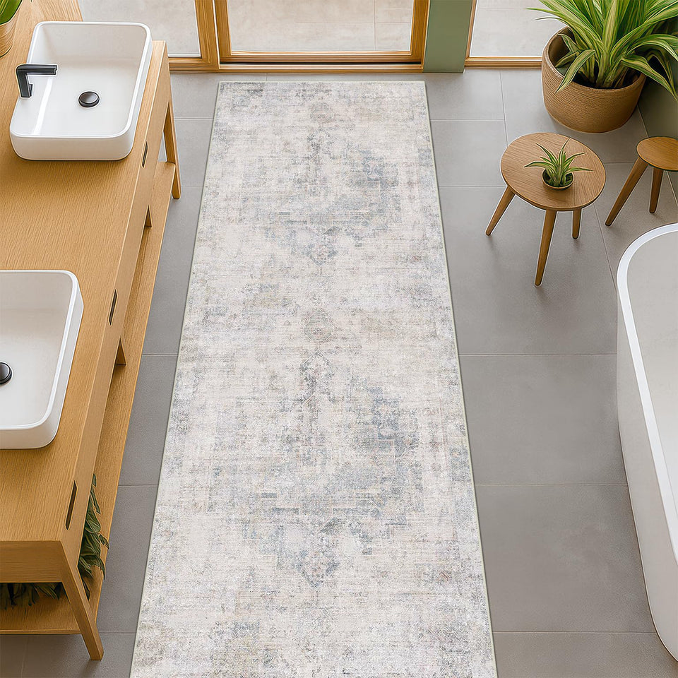 Neutral Living Room Rug - 10x14 Farmhouse Beige Brown Large Area Rug for Dining Room, Bedroom, Low Pile Lightweight Washable