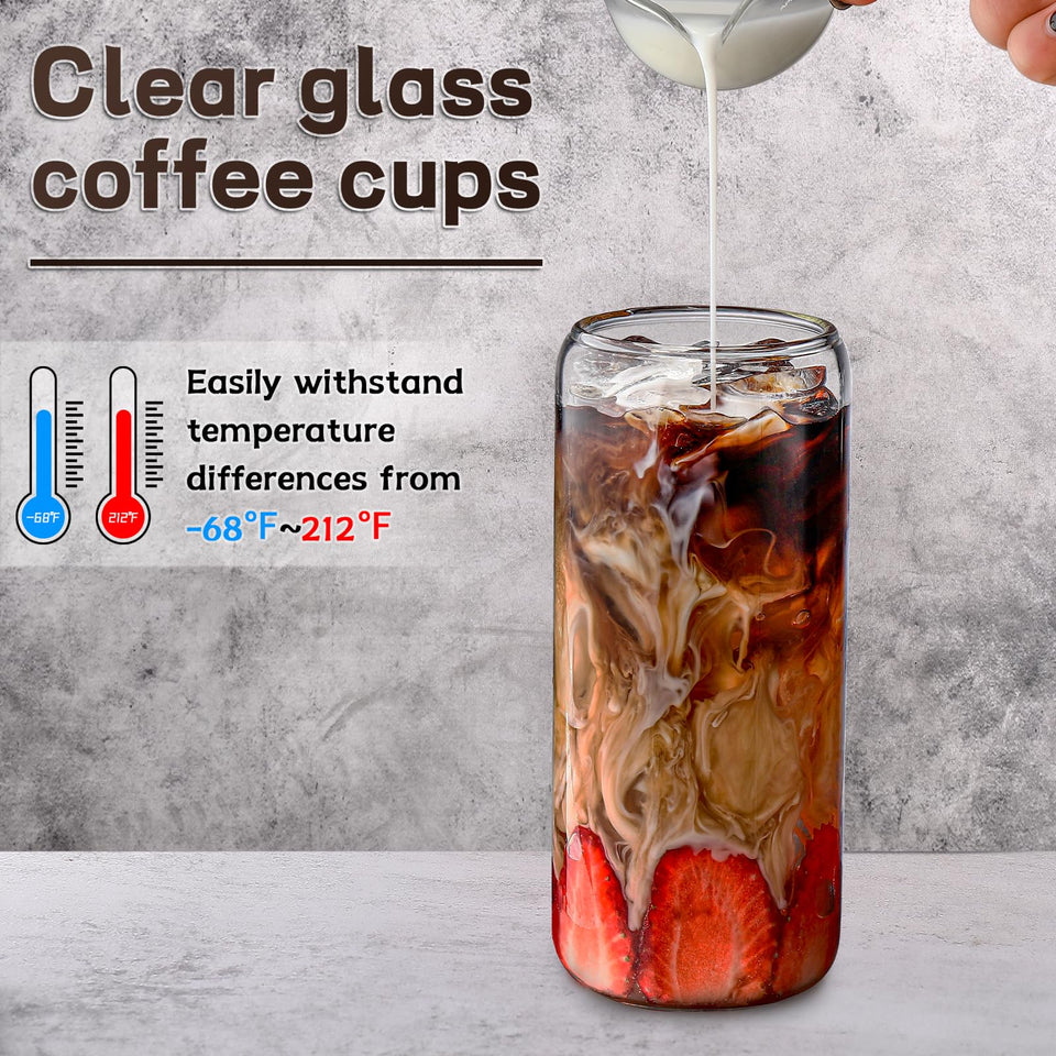 DWTS DANWEITESI Glass Cups with Lids and Straws 4 pcs,16oz Drinking Glasses Set for Coffee Bar Accessories,Iced Coffee Cups with Lids,Matcha Cup Glass Tumbler Reusable for Gifts