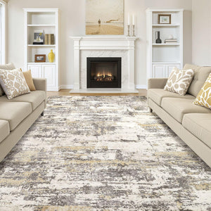 Area Rugs for Living Room: 12x15 Abstract Washable Rug Modern Neutral Large Soft Stain Resistant Non-Slip Backing Machine Table for Bedroom Dining Room Indoor Home Office Carpet - Gold Brown