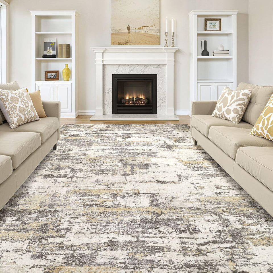 Area Rugs for Living Room: 12x15 Abstract Washable Rug Modern Neutral Large Soft Stain Resistant Non-Slip Backing Machine Table for Bedroom Dining Room Indoor Home Office Carpet - Gold Brown