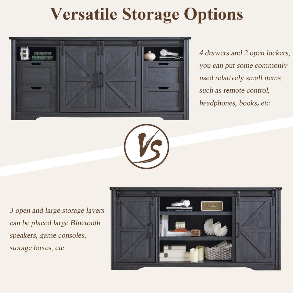 JXQTLINGMU Farmhouse TV Stand for 75+ Inch TV, 32" Tall Entertainment Center w/4 Drawers & Sliding Barn Door, Rustic Media Console w/Storage Shelves, 66" Wood Television Stand for Living Room, Brown