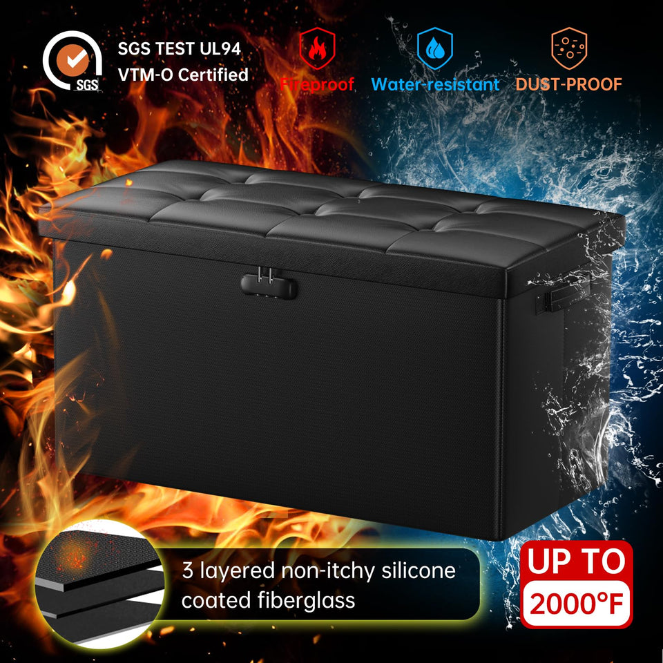 DocSafe Storage Ottoman with Lock,Fireproof Folding Ottoman Foot Rest Stool Storage Chest with Storage Safe for Important Documents,Waterproof 17 Inches Short Ottoman Foot Stool with Handles,Black