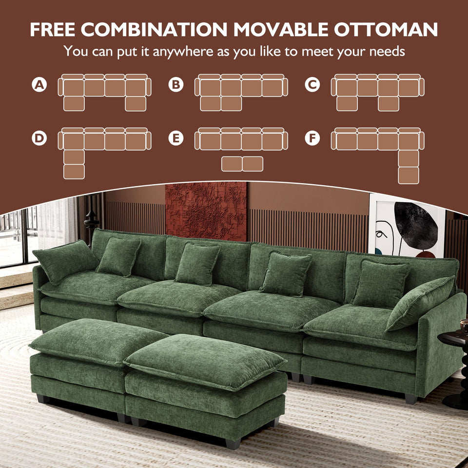 Ihanherry 146" U-Shaped Modern Sofa Modular Sectional Cloud Couch with 2 Ottoman, 6-Seat Chenille Deep Seat Sofa with 6 Pillows for Living Room, Bedroom and Apartment, Grey