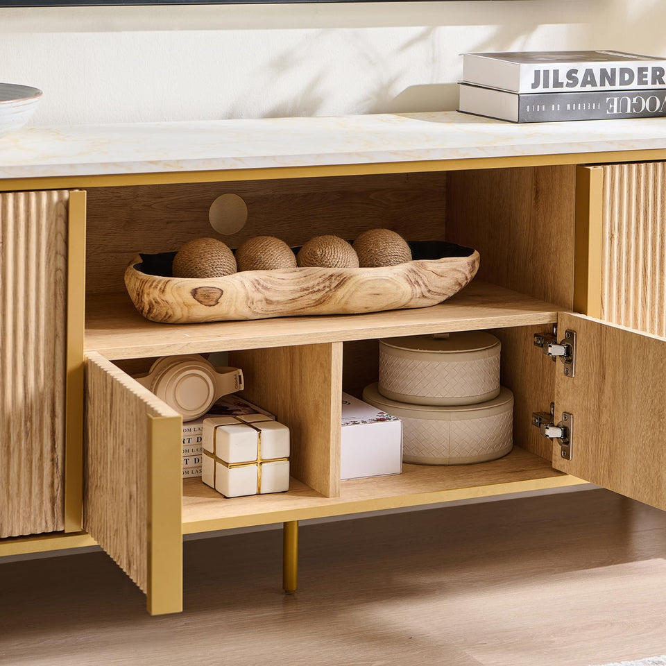 OKD Luxury 70" Fluted TV Stand, Modern Chic Entertainment Center for TVs Up to 80 inches, TV Console with Faux Marble Top, Curved Profile Design, Media Console for Living Room, Natural Oak