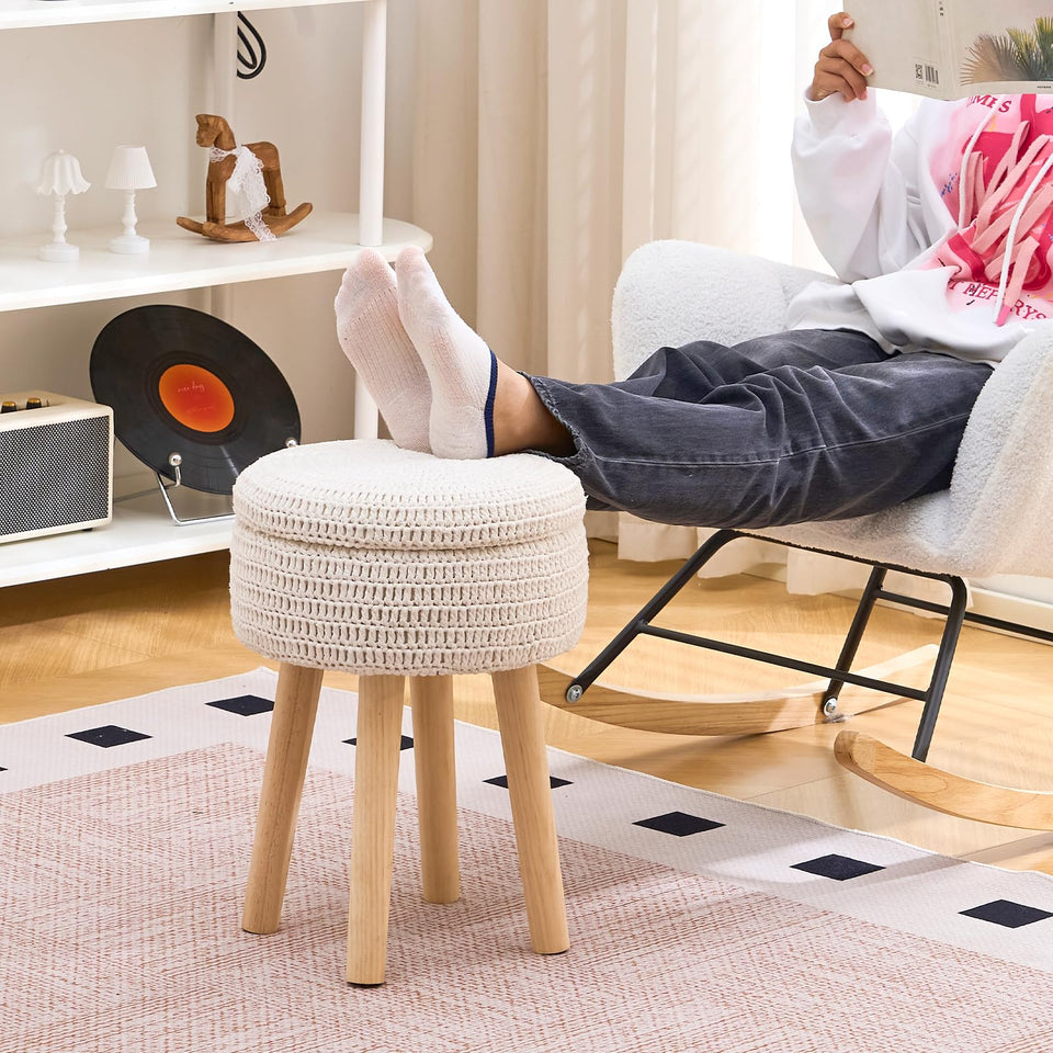 Wimarsbon Pouf Ottoman, 100% Cotton Knitted Boho Footstool, Round Footrest with Non-Skid Wood Legs, Home Décor Handmade Pouffe, Leisure Floor Step Stool for Living Room (Beige)