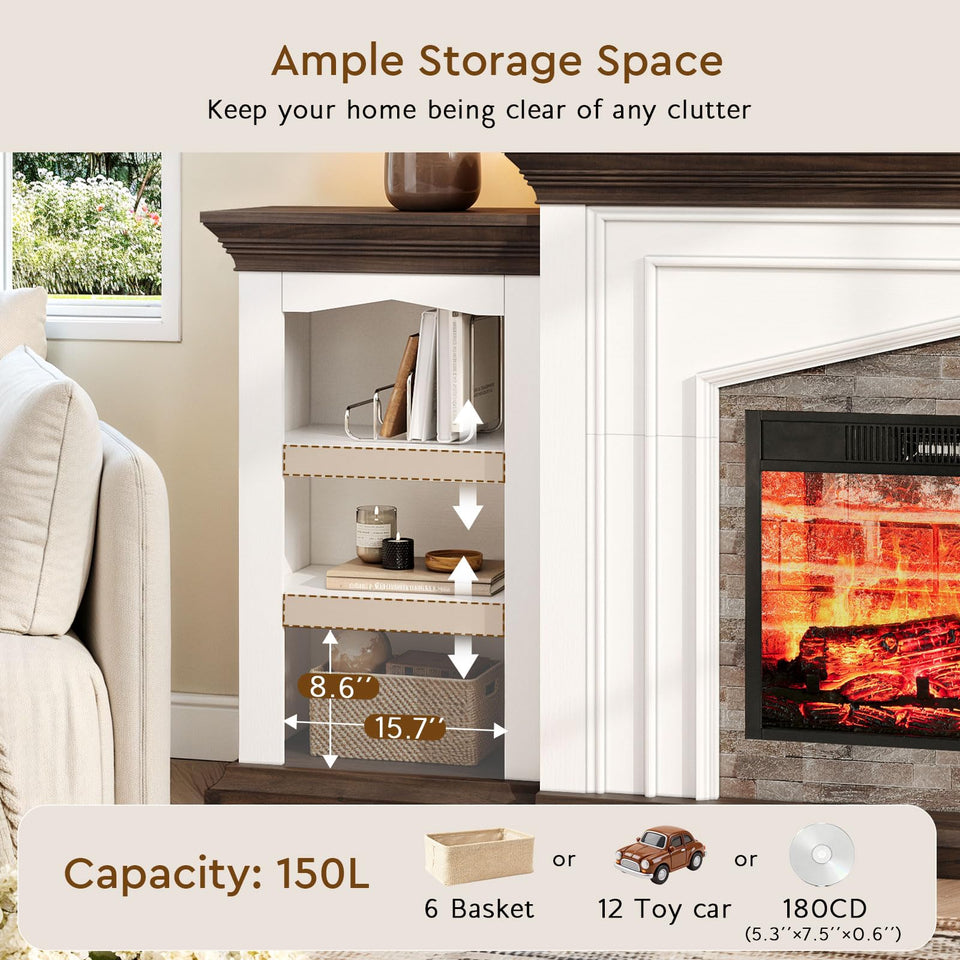 LGHM 72" Electric Fireplace with Mantel, Fireplace TV Stand for TVs Up to 80 Inch, Modern Entertainment Center with Storage, Realistic Stacked Stone Surround with Remote Control for Living Room