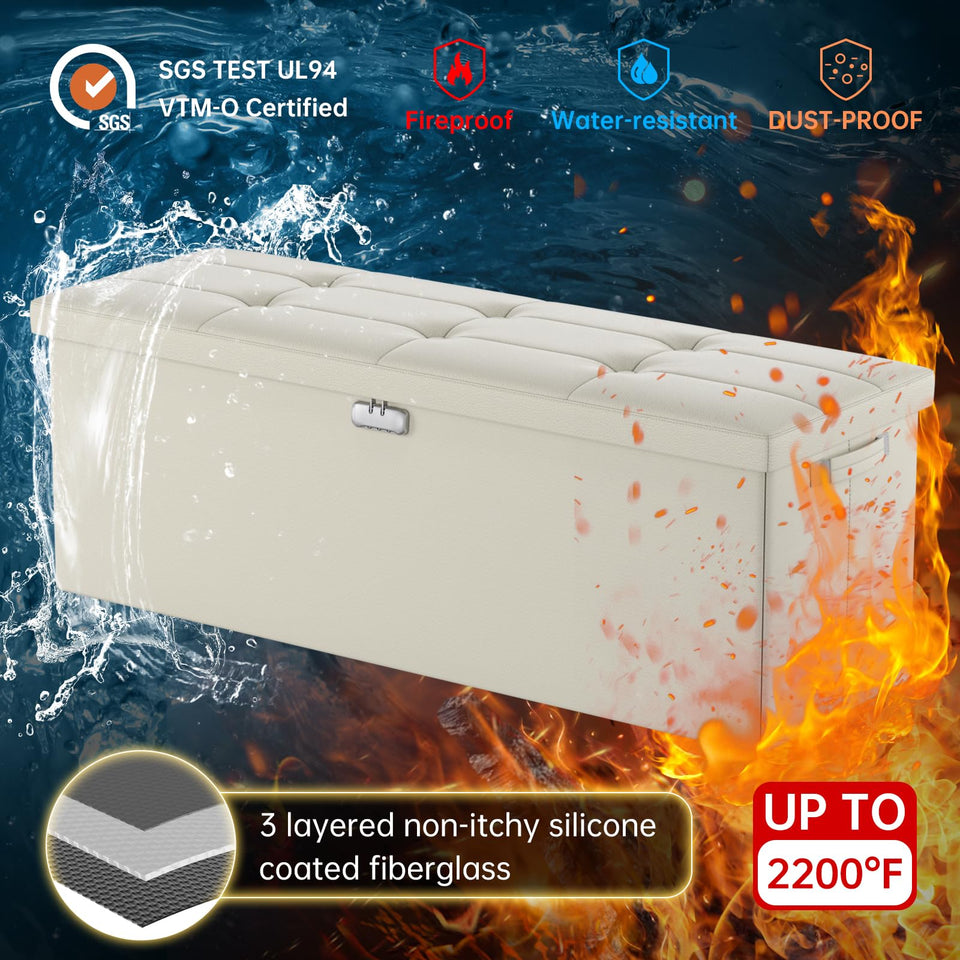 DocSafe Storage Ottoman with Lock,Fireproof Folding Ottoman Foot Rest Stool Storage Chest with Storage Safe for Important Documents,Waterproof 17 Inches Short Ottoman Foot Stool with Handles,Black