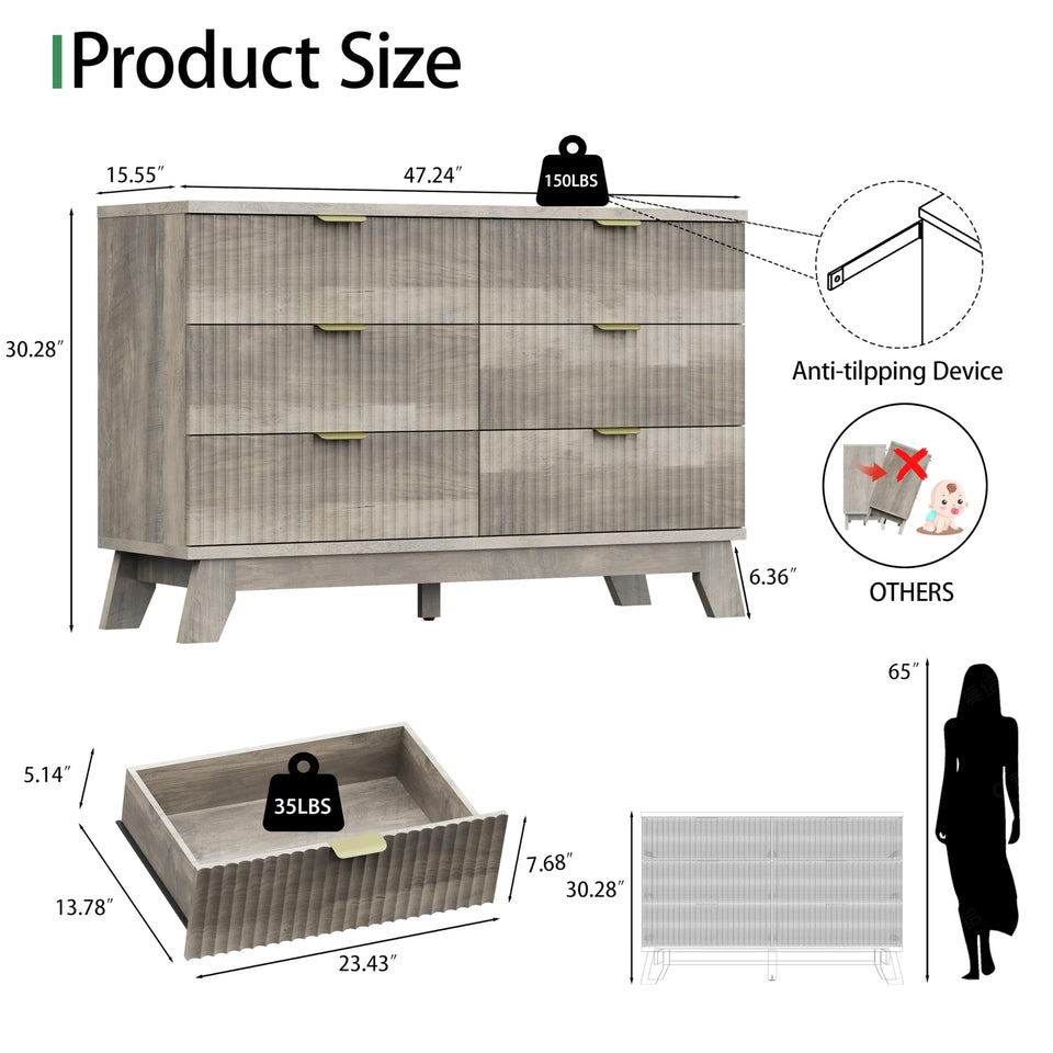 Fluted Dresser for Bedroom with 9 Drawers, 57" Wide Modern Chest of Drawers with Metal Handle, Wooden Dresser TV Stand, Wood Closet Clothes Storage Organizer for Living Room, Hallway, Natural Oak