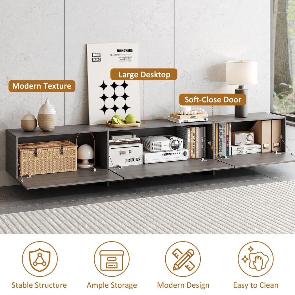 UKAOCAI 86.61'' Tambour TV Stand for 55-85 Inch, Modern Entertainment Center with Large Storage Cabinet & Open Shelves, TV Console with Sliding Doors for Living Room, Bedroom, Natural