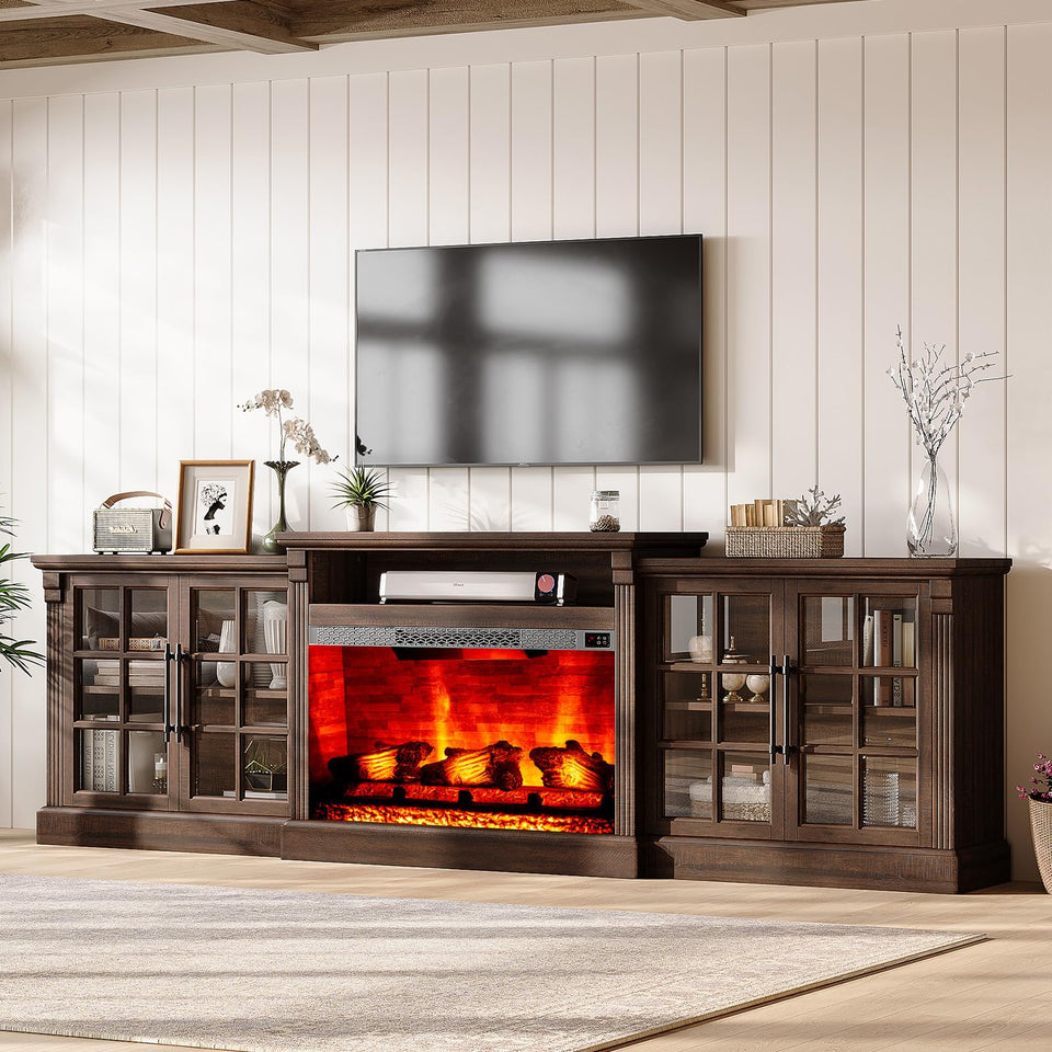 LUXOAK 97" Farmhouse TV Stand with 33" Fireplace for TVs up to 100", Media Entertainment Center with Large Storage Cabinet and Adjustable Shelves for Living Room, White/Barnwood