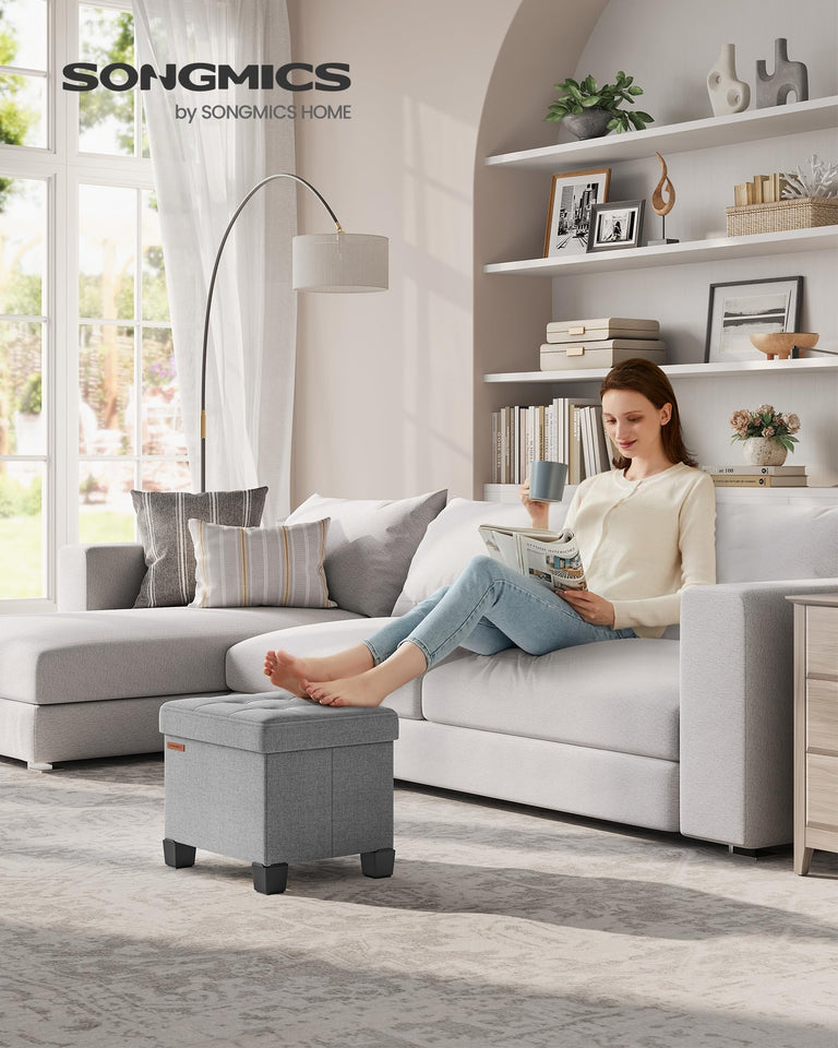 SONGMICS 15 Inches Cube Storage Ottoman, Bedroom Bench with Storage, Foot Stool with Feet, Holds Up to 660 lb, Dark Gray ULSF14GYZ