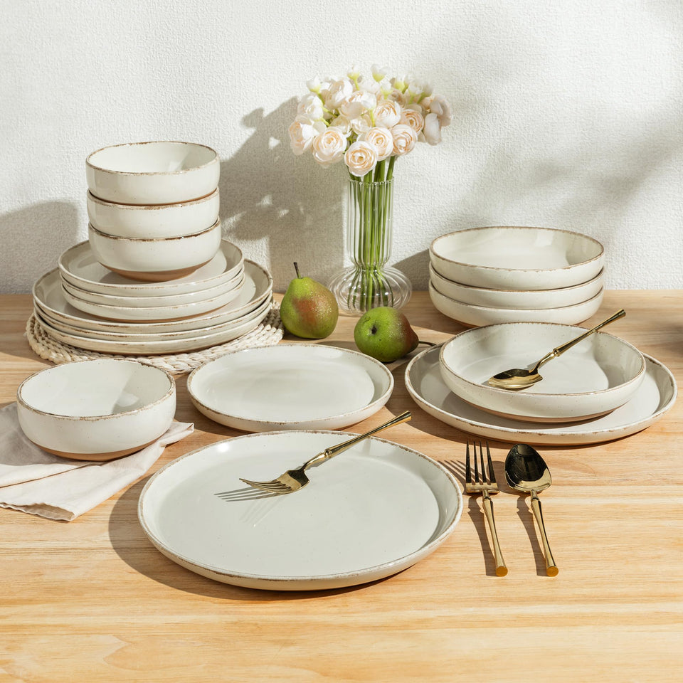 AmorArc Ceramic Dinnerware Sets for 8, 24 Pieces Handpainted Plates and Bowls Set with Rustic Terracotta Underside, Scratch Resistant Stoneware Dishes Set, Dishwasher & Microwave Safe, Light Beige