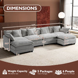 Ihanherry 146" U-Shaped Modern Sofa Modular Sectional Cloud Couch with 2 Ottoman, 6-Seat Chenille Deep Seat Sofa with 6 Pillows for Living Room, Bedroom and Apartment, Grey