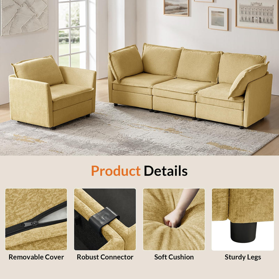 HULALA HOME 127'' Modular Sectional Sofa, Oversized U Shaped Couch with Storage Ottoman, Comfy Chenille Sofa with Deep Seat, 6 Seat Convertible Couches for Living Room, Beige