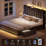 YITAHOME King Size Bed Frame with 4 Drawers and RGB LED Lights, Velvet Upholstered Platform Bed with Charging Station and Storage Headboard, No Box Spring Needed, Easy Assembly, Noise-Free, Black