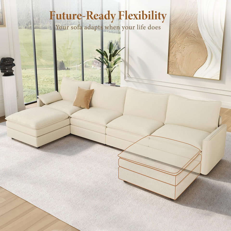 Vesgantti 142" U Shaped Sectional Couch, Comfy Cloud Modular Sectional Sofa with 2 Ottoman Deep Seat Chenille Modern Cloud Sofa, Modular Sofas for Living Room, Bedroom and Apartment, Beige