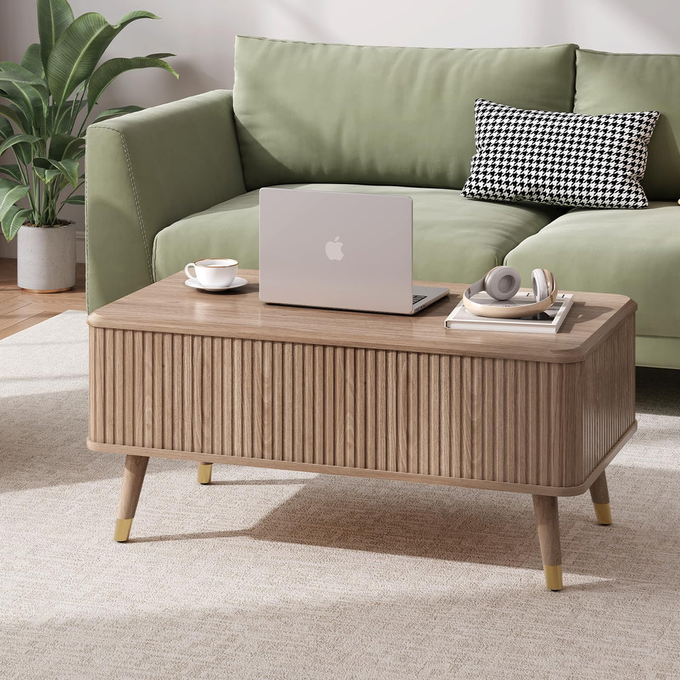 JOINICE, Round Coffee Table with Storage, Mid Century Modern Center Table with Sliding Cabinet Door, Fluted Dining Table for Living Room, Home Small Space, 31.5", Walnut