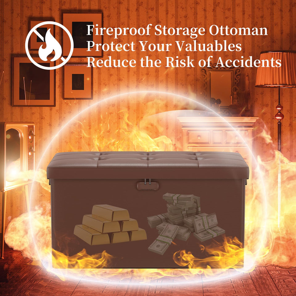 DocSafe Storage Ottoman with Lock,Fireproof Folding Ottoman Foot Rest Stool Storage Chest with Storage Safe for Important Documents,Waterproof 17 Inches Short Ottoman Foot Stool with Handles,Black