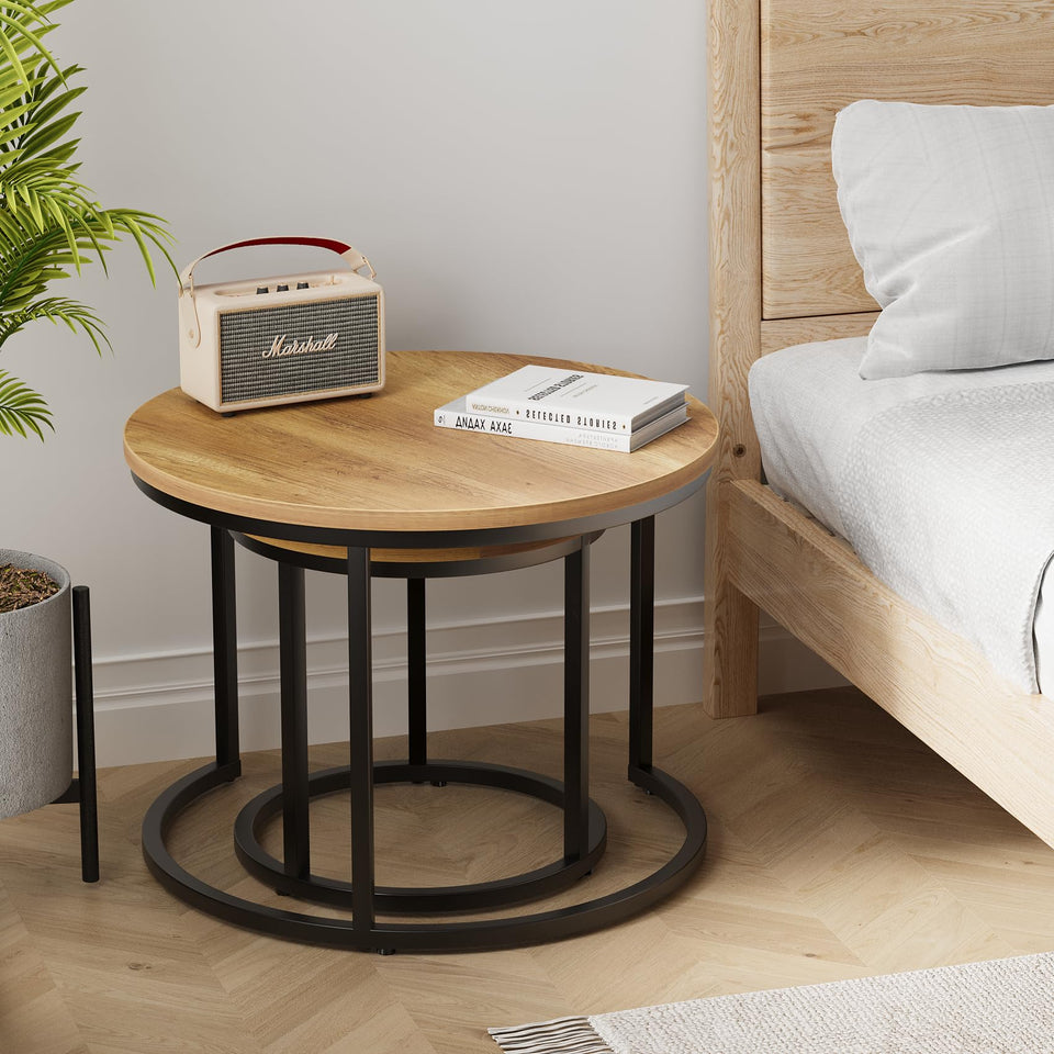 Smuxee Nesting Coffee Table Set of 2, 23.6" Round Coffee Table Wood Grain Top with Adjustable Non-Slip Feet, Industrial End Table Side Tables for Living Room Bedroom Balcony Yard