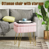 Greenstell Vanity Stool Chair Faux Fur with Storage, 15.7"L x 11.8"W x 19.4"H Soft Ottoman 4 Metal Legs with Anti-Slip Feet, Furry Padded Seat, Modern Multifunctional Chairs for Makeup, Bedroom Pink
