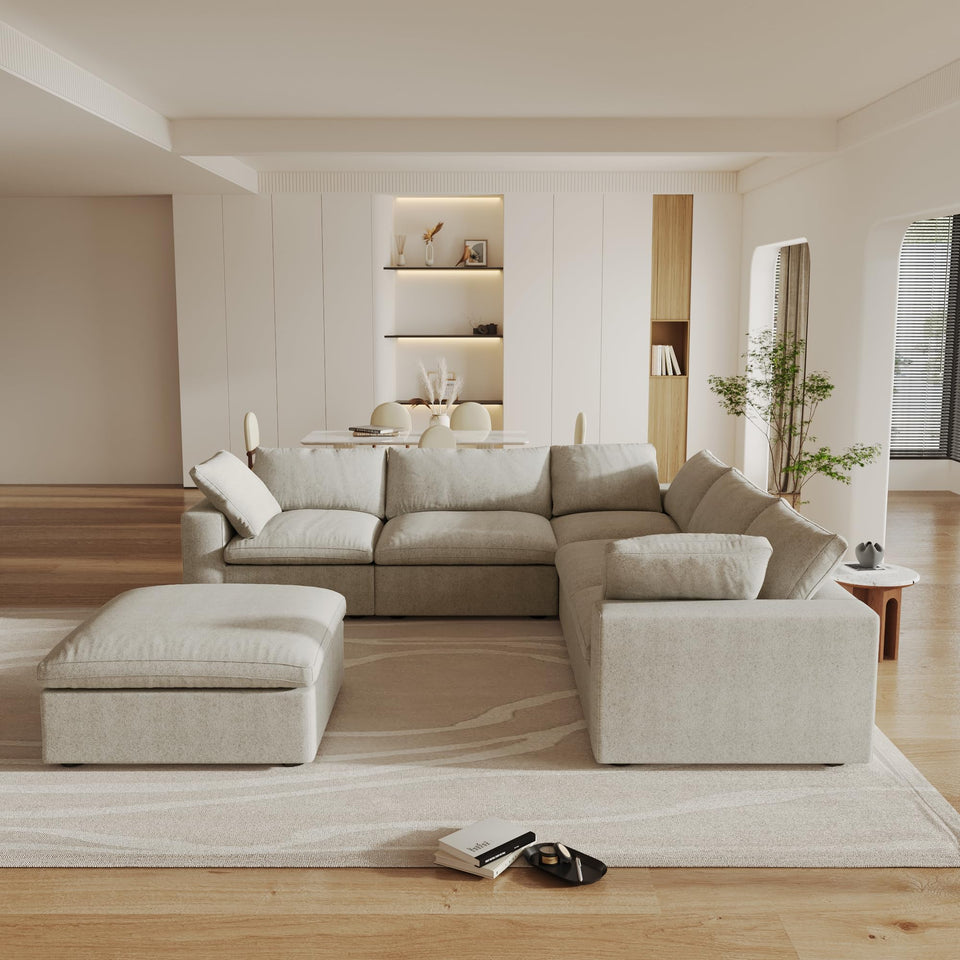 160.6" Cloud Couch Modular Sectional Sofa for Livingroom,Oversized Convertible Sofa with Storage Ottomans,6 Seat Wide Couches,Cushion Covers Removable (Khaki, 6 Seater)