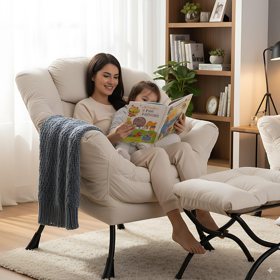 LITA Lazy Chair with Ottoman, Modern Accent Leisure Upholstered Lazy Sofa Armchair, Contemporary Lounge Reading Chair with Armrests and a Side Pocket for Living Room, Bedroom & Small Space, Dark Grey