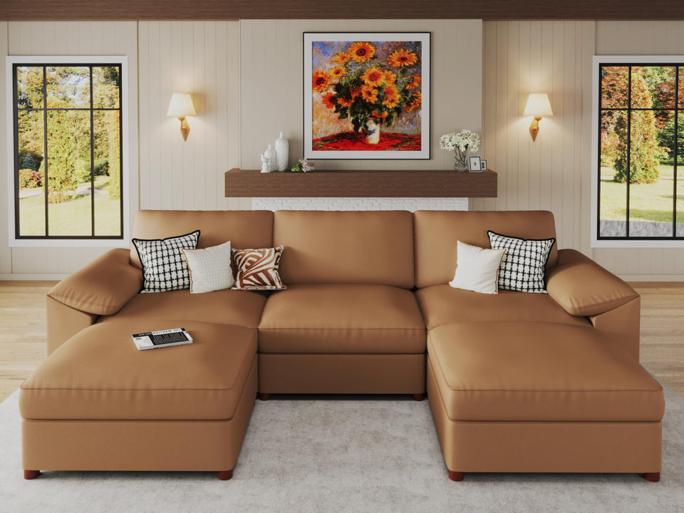 EASE MOOSE Leather Sectional Couch, Oversized Modular Sectional Sofas, Wide Deep Seat Modular Couch, Scratch Resistant Faux Leather Material, L Shaped Sofa for Big Spaces,Beige